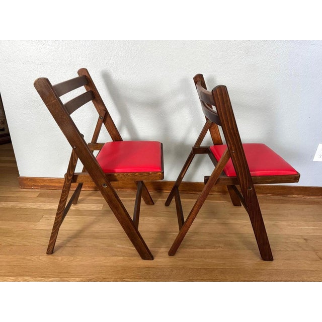 Mid 20th Century Folding Chairs by Nevco Furniture Corp., Red Vinyl & Walnut Finish — Set of 2 For Sale - Image 4 of 11