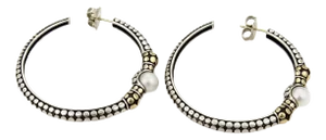 John Hardy Dots Pearls Sterling & 18k Yellow Gold Large Hoop Earrings - 2 Pieces