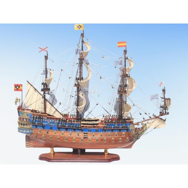 Mid-Century Modern Exquisite Handcrafted Wooden Ship Model – Luxury Nautical Home Decor Statement Piece for Modern Interiors For Sale - Image 3 of 13