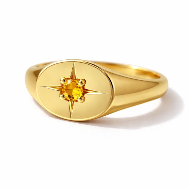 Citrine Signet Northern Star Ring, Gold Starburst Design Ring for Women, Size 7 For Sale - Image 4 of 5