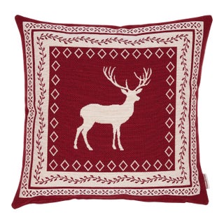Nordic Stag Red Woven Cushion With Feather Filler - 42x42cm (17"x17") For Sale