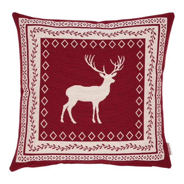 Nordic Stag Red Woven Cushion With Feather Filler - 42x42cm (17"x17") For Sale