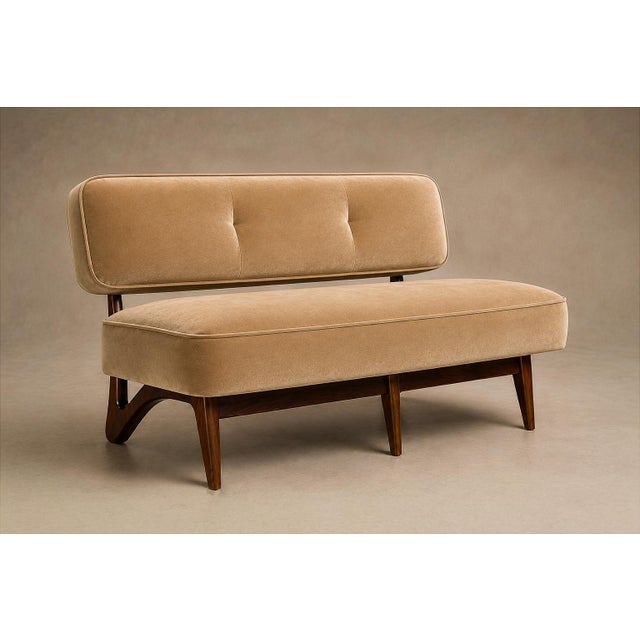 Brazilian Modern Sofa in Imbuia Wood and Champagne Camel Mohair, Cimo, Brazil, 1950s For Sale - Image 16 of 18