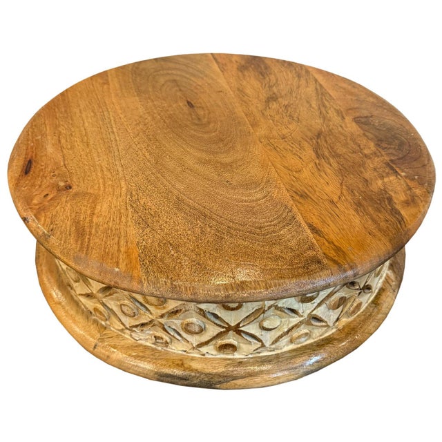 1990s Round Solid Wood Latttice Carved Riser / Table | Chairish