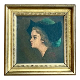 Vintage Lady in Hat Oil Painting For Sale