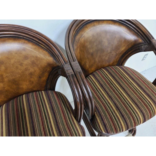Hooker (2) Bamboo Rattan Leather Swivel Barstools by Hooker For Sale - Image 4 of 9