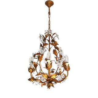 Mid-Century Modern Italian Tôle Chandelier with Crystal Flowers, 1950s For Sale