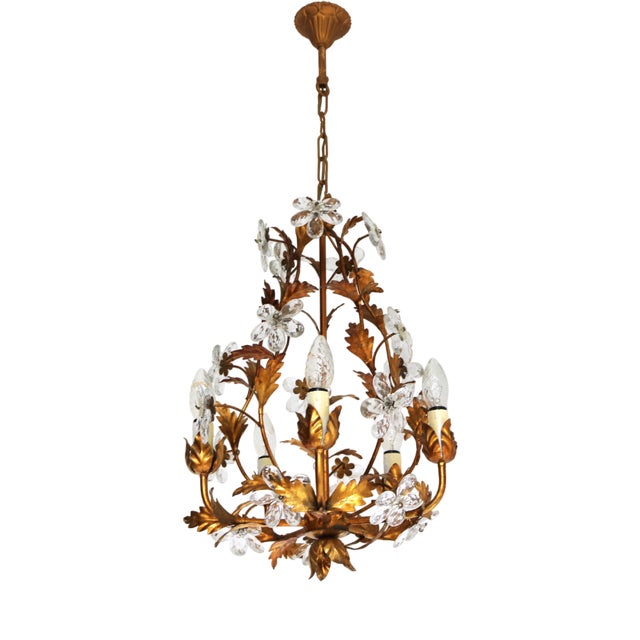 Mid-Century Modern Italian Tôle Chandelier with Crystal Flowers, 1950s For Sale