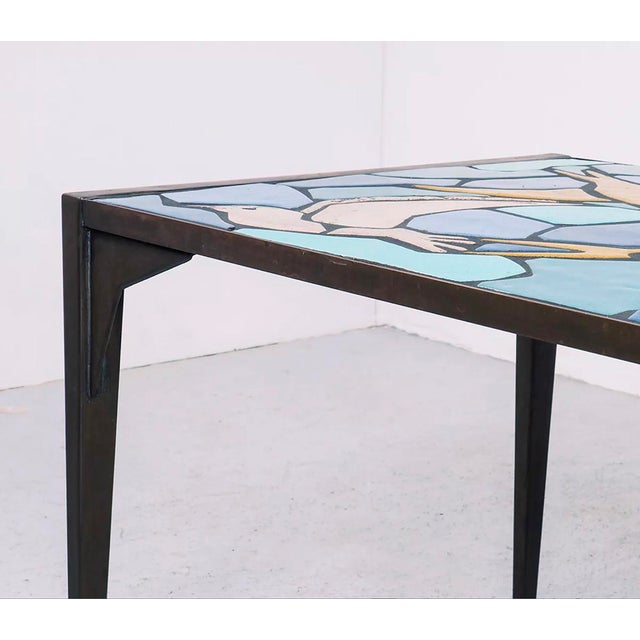 Blue Vintage Metal Coffee Table in Ceramic Mosaic with Bird Motif, 1970s For Sale - Image 8 of 11