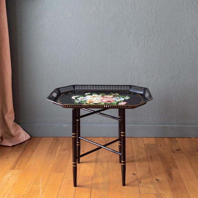 Farmhouse Black and Floral Toleware Tray Table For Sale - Image 3 of 12