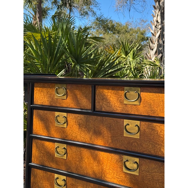1970s Raymond K. Sobota for Century Chin Hua Burlwood Campaign Chest – Hollywood Regency Asian Inspired Dresser For Sale - Image 10 of 12