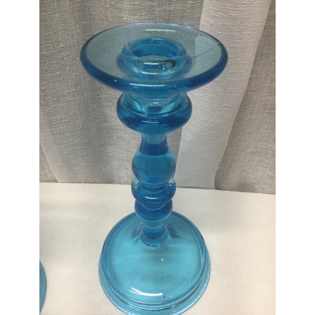 Great Gift 1930s Murano Ocean Blue Glass Candle Holders a Pair