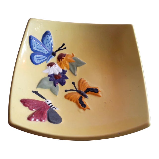1950s Embossed Butterfly Curved Yellow Ceramic Plate For Sale