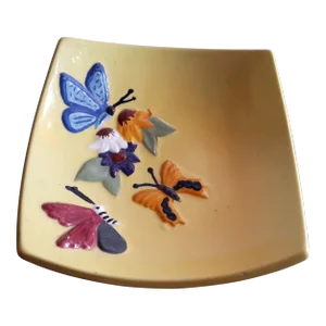1950s Embossed Butterfly Curved Yellow Ceramic Plate