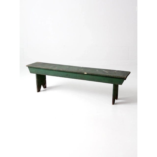 Wood Antique Primitive Green Farmhouse Bench For Sale - Image 7 of 13