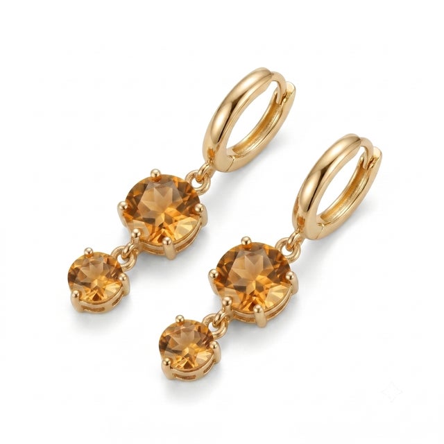 18k Gold Plated Citrine Two-Stone Dangle Huggie Hoops, Yellow Gemstone Drop Earrings - A Pair For Sale - Image 4 of 7