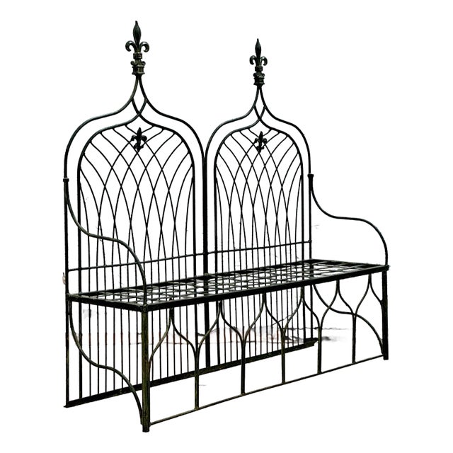 Vintage Boho Cathedral Wrought Iron Bench For Sale