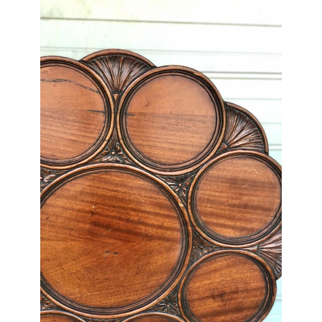 Rare Tripod pie table. Tilting top with shell and acanthus carving. Recessed plates encircling a center serving plate....