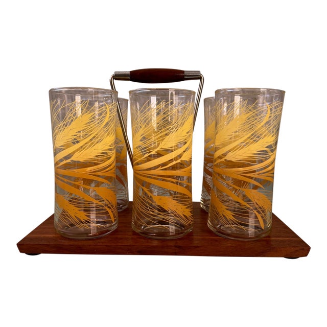 Mid-Century Modern Libbey Golden Harvet Glass Set With Wooden Caddy- 7 Pieces For Sale
