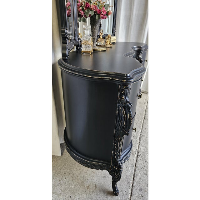 1930s Black Vanity With Three-Panel Mirror, Rococo Style Vintage Carved Vanity. For Sale - Image 10 of 18