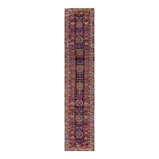 1900s Blue Navy Geometric Tribal Antique W. Persian Kurdish Carpet 3'5" X 17'4" Handknotted Wool Rug For Sale