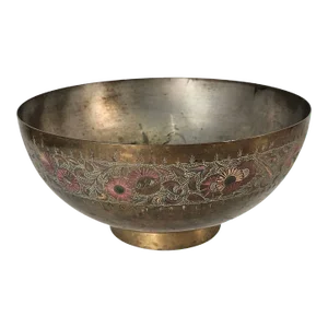 Indian Brass Tinned Bowl Etched Floral Centerpiece 12.5"