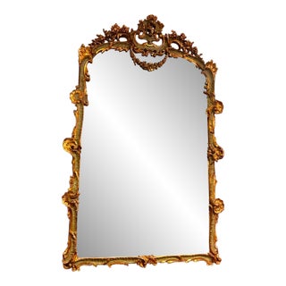 French Rococo Gold Leaf Wall Mirror With Ornate Sculpted Frame & Decorative Crest For Sale