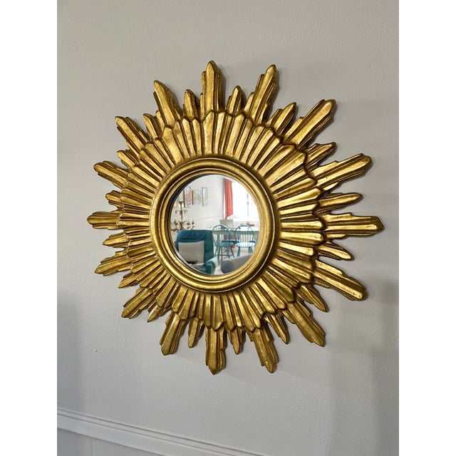 1970s Mid Century Modern Italian Florentine 20" Gilded Sunburst Wall Mirror For Sale - Image 17 of 18