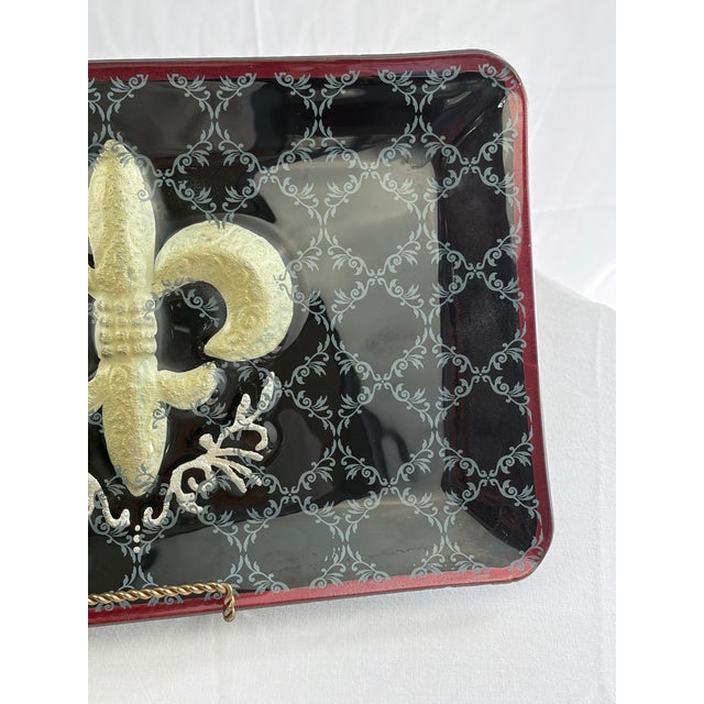 Late 20th Century Late 20th Century Hand Painted Fleur De Lis Glass Platter – Black, Gold & Red Rectangular Serving Tray For Sale - Image 5 of 6
