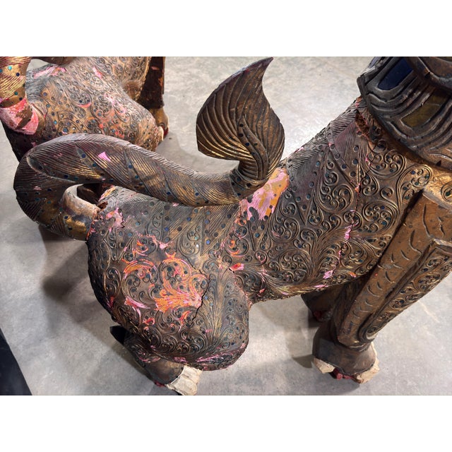 Gold Antique c.1920's/30's Pair of Monumental Burmese Carved Wood Gilt Temple Guardian Lions / Foo Dogs For Sale - Image 8 of 18