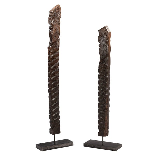 Far Pavilions 1950s Corbel 47" Tall Hand Carved Wooden Sculpture on Metal Display Stand | Rustic Farmhouse Architectural Salvage Floor Decor Piece For Sale - Image 4 of 4