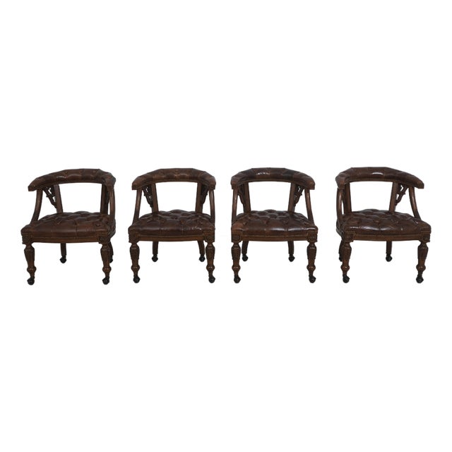 Set of 4 Maitland Smith Gentry Tufted Leather Game Chairs For Sale