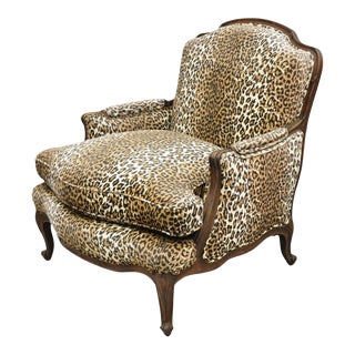 Mid 20th Century French Country Louis XV Style Cheetah Upholstered Bergere Club Lounge Chair For Sale