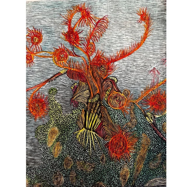Offered is an authentic, hand-signed limited edition color woodcut titled "Feather Stars" by renowned American artist Ruth...