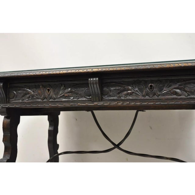 Late 19th Century Antique 19th C Spanish Renaissance Carved Oak Wood 2 Drawer Library Table Desk For Sale - Image 5 of 12