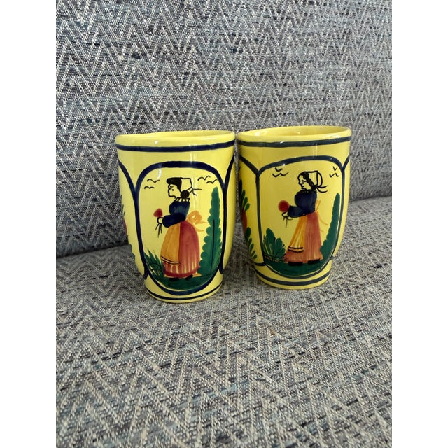 Figurative Mid 20th Century Henriot Quimper Soleil Yellow Accent Mug Featuring Lady, 2 Available For Sale - Image 3 of 9