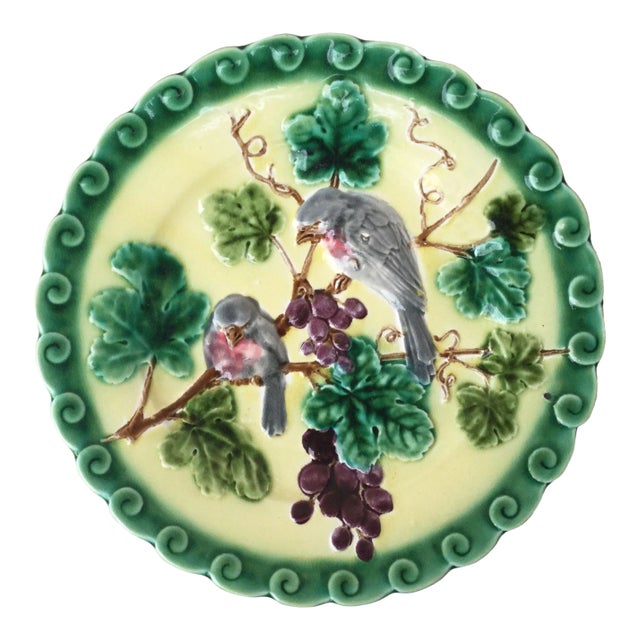 1880 Majolica Birds With Grapes Sarreguemines Plate For Sale