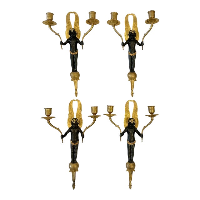 Four Empire Style Gilt and Patinated Bronze Cherub Sconces For Sale