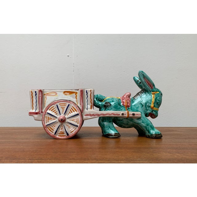 Vintage Italian Handpainted Donkey with Cart Bowl Sculpture from Deruta, Italy For Sale - Image 4 of 18