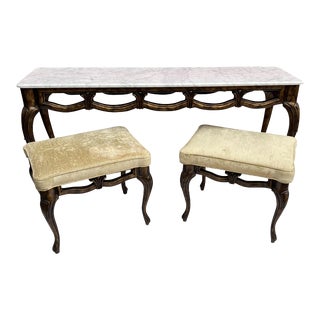 Late 20th Century French Marble Top Console Table with Benches - Set of 3 For Sale