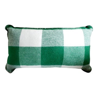 Handstitched Green & White Cotton Flannel Plaid Lumbar Pillow, Made in Portugal For Sale