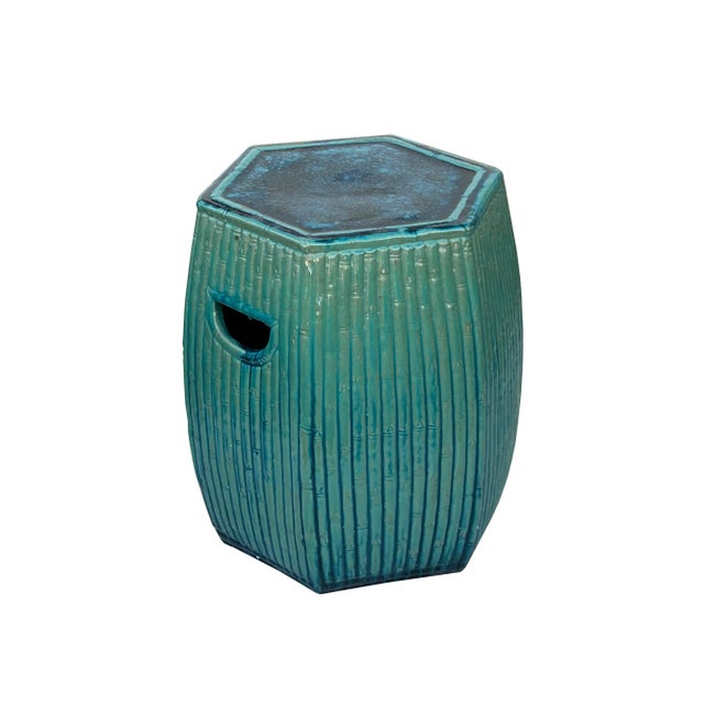 Chinese Chinese Hexagon Bamboo Theme Turquoise Green Ceramic Clay Garden Stool For Sale - Image 3 of 6