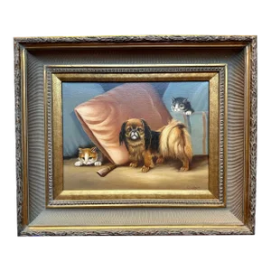Antique French Oil on Canvas Pekingese Dog With Two Kittens in Gilt Frame Signed Montes