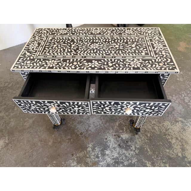 Aditya Handicrafts Indian Black & White Floral Bone Inlay Two-Drawer Console Table, 2021 For Sale In Chicago - Image 6 of 12