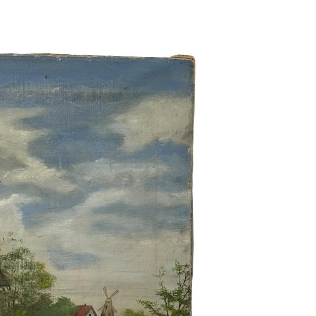 1970s Vintage Windmill Landscape Oil Painting on Canvas, Signed, Rustic Countryside Scene. For Sale - Image 5 of 10