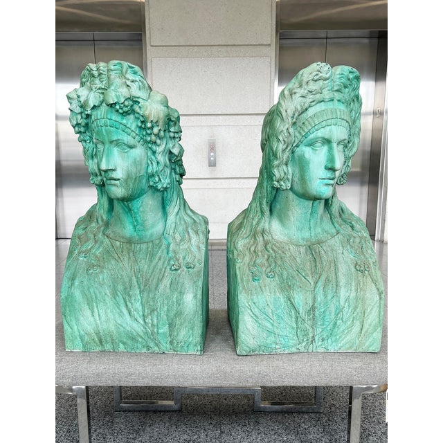 Richly textured and colored in a bold verdigris hue, these resin casts are replicas of now iconic Ancient Roman Flavian...