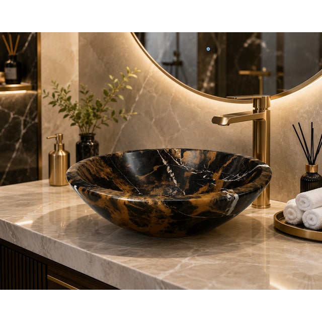 Bring timeless elegance to your bathroom with this handcrafted Black & Gold Marble Vessel Sink, carved from a single piece...