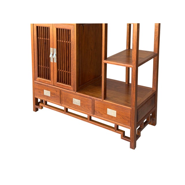 Wood Asian Inspired Asymmetrical Light Brown Shelving Display Cabinet Divider For Sale - Image 7 of 10