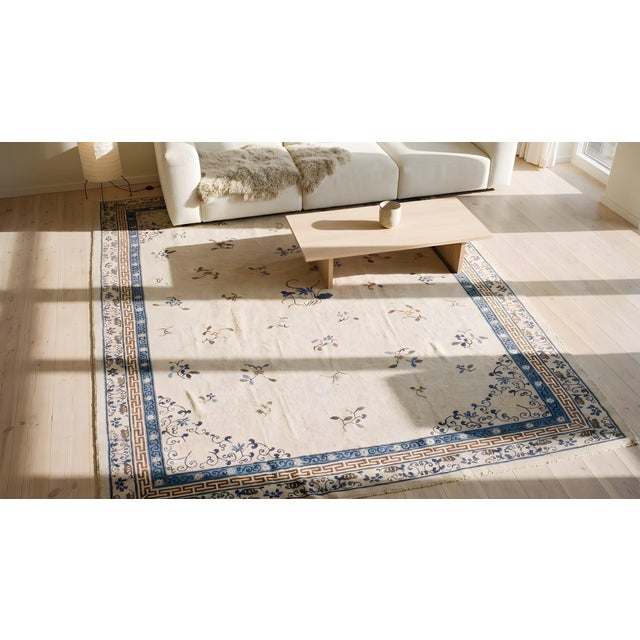 Surprising Beige Background Color With Pretty Floral Design Antique Chinese Peking Rug For Sale - Image 9 of 9