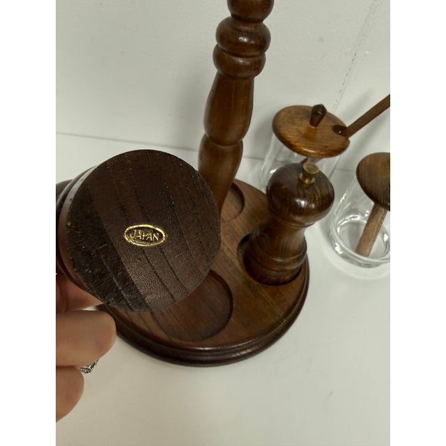 1960s Vintage Mid-Century Wood & Glass Condiment Caddy Salt & Pepper Mill Set For Sale - Image 5 of 12
